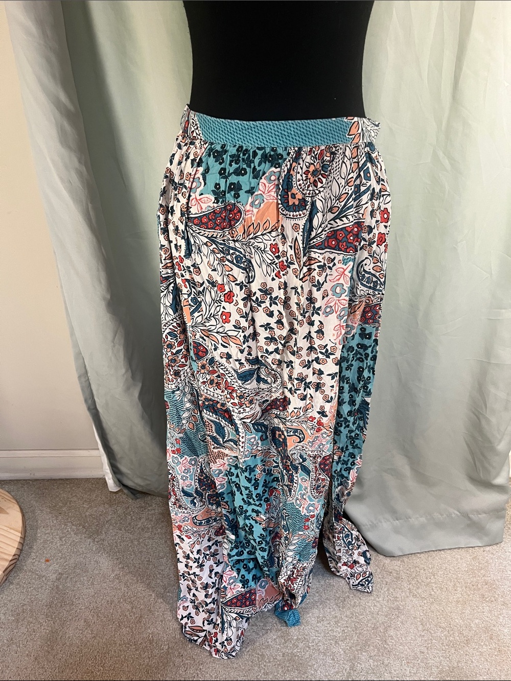 Patrons of Peace Rayon Paisley Maxi Skirt in Teal and Coral Medium